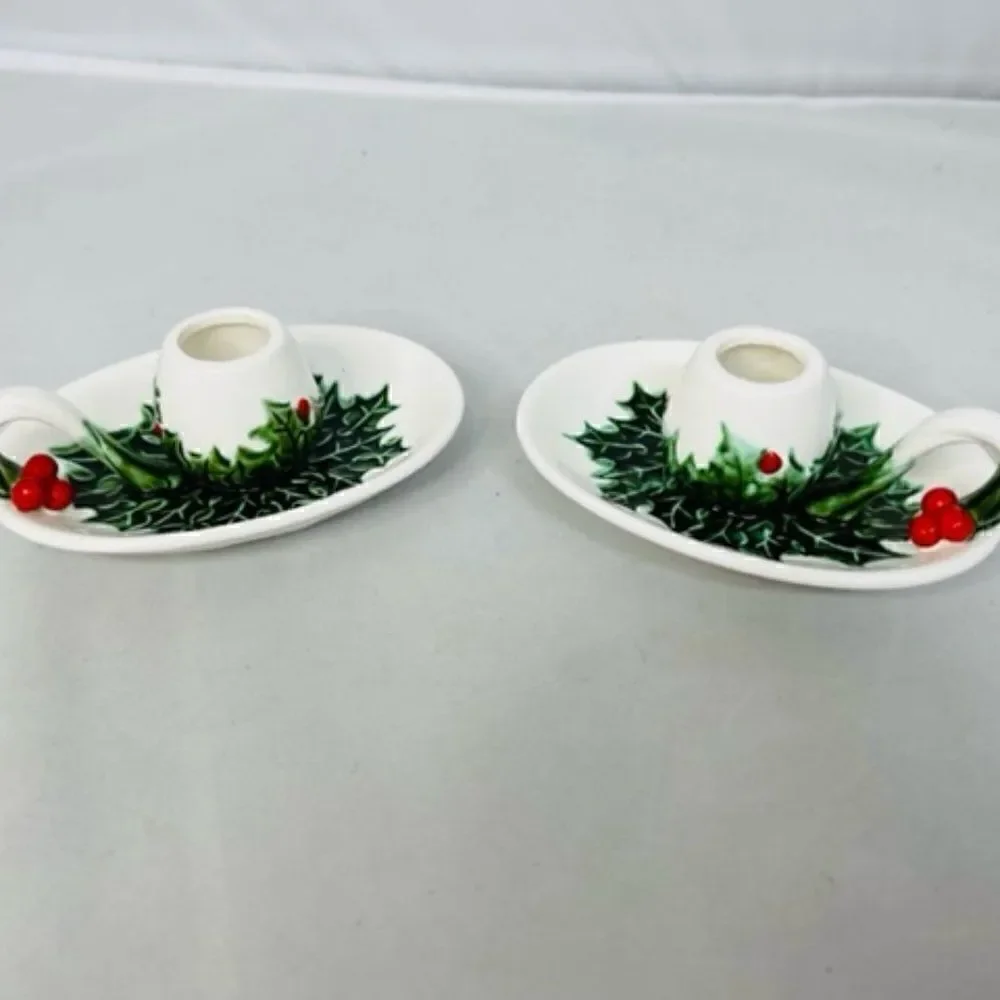 2 Lefton White Green Holly Berry Candle Holders - No 1341 The item size is 5